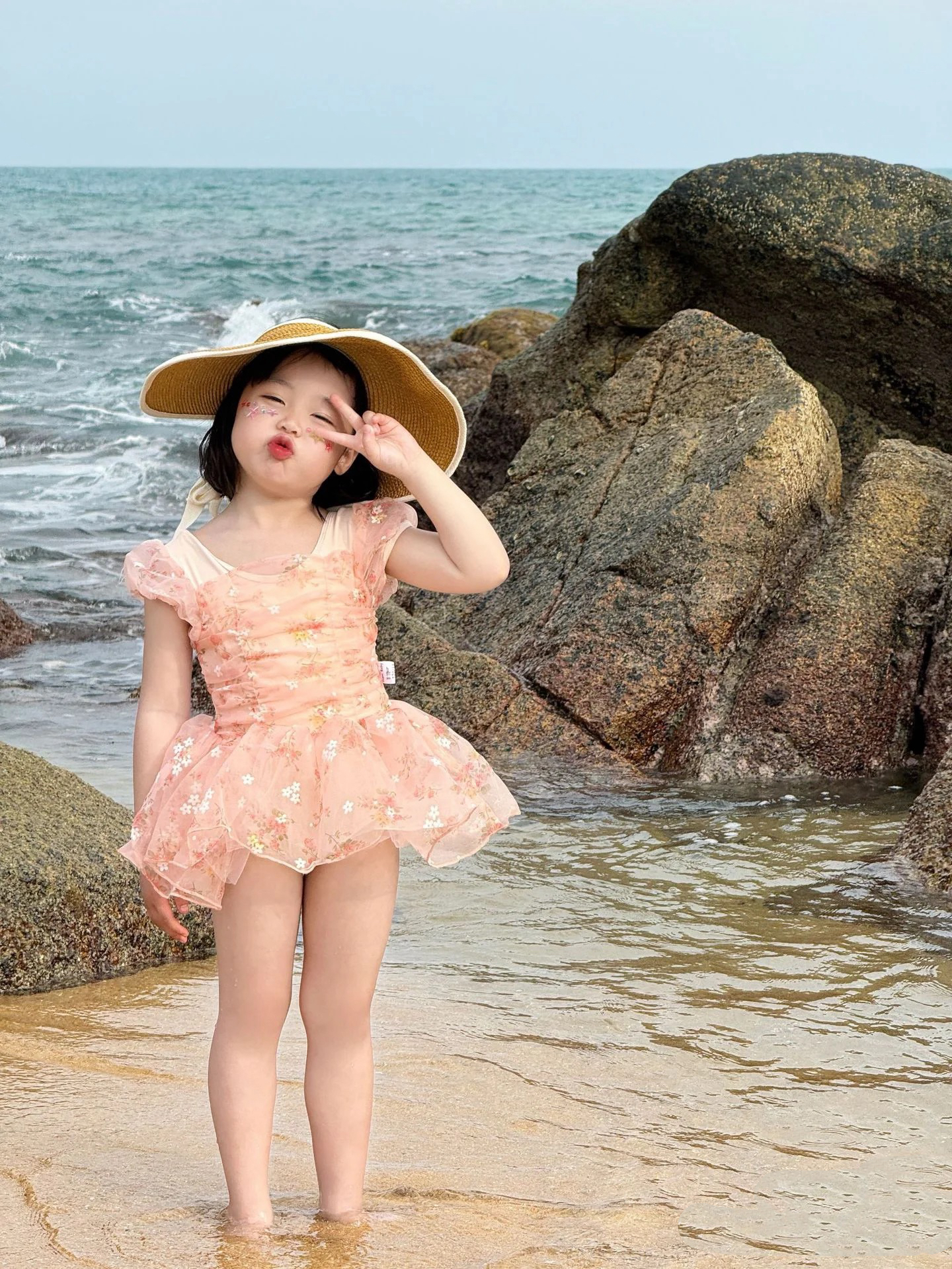 桔碎花连体泳衣(发夹）