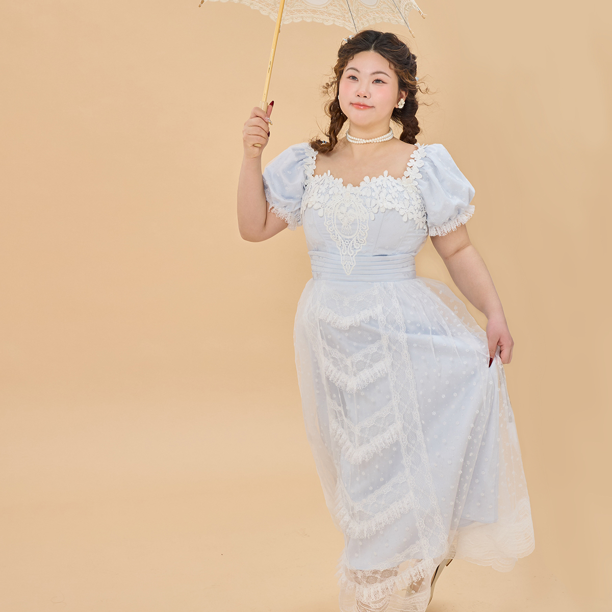 LaceMade大码女装【天堂岛浪花】法式宫廷蓝色鱼骨连衣裙25LYQ2W06