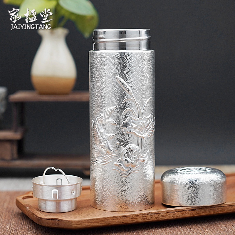 家楹堂银杯子999足银内外雪花银水杯银茶杯年年有余男女保温杯