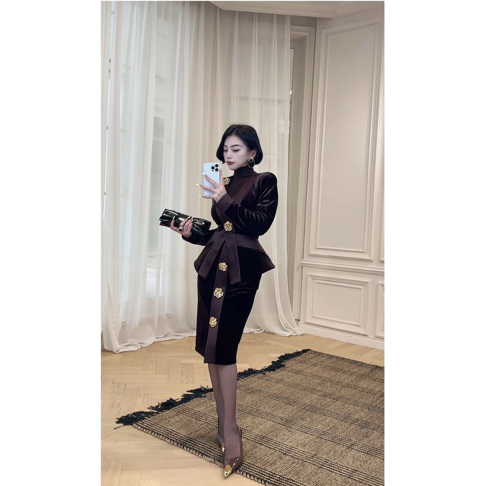 LYXJ【奥多拉玫瑰园】高奢定制丝绒缎套装外套+半身裙显瘦气质12340