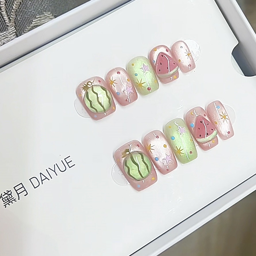 3000 NAIL “西瓜气泡水”设计师高定原创纯手工高级猫眼显白穿戴甲