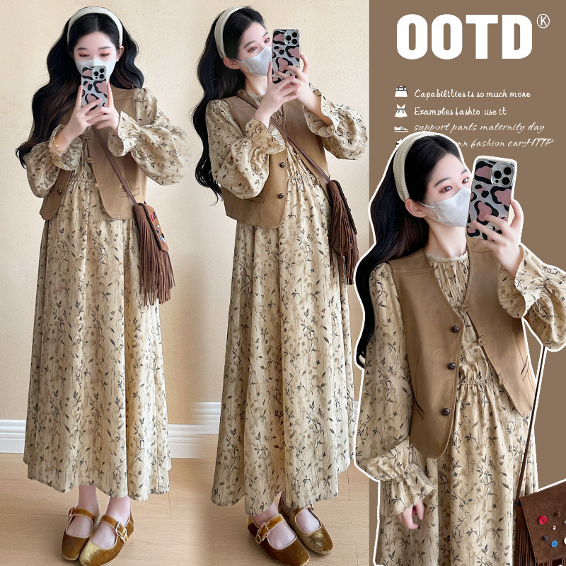 高级感气质温柔碎花连衣裙女春2025新款马甲茶歇裙子孕妇装两件套