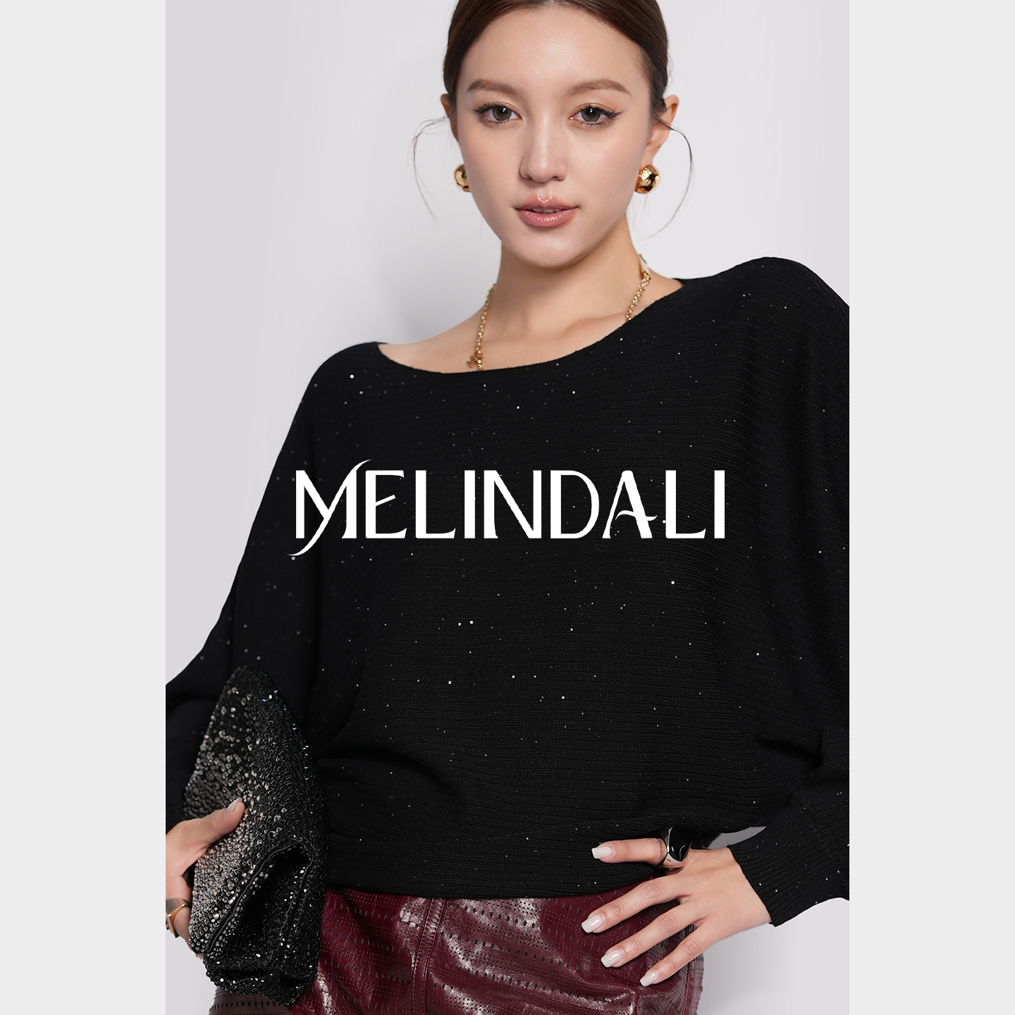 Melinda Li【柔软星河】梦颖私服松弛感闪闪珠片纱蝙蝠袖长袖针织衫