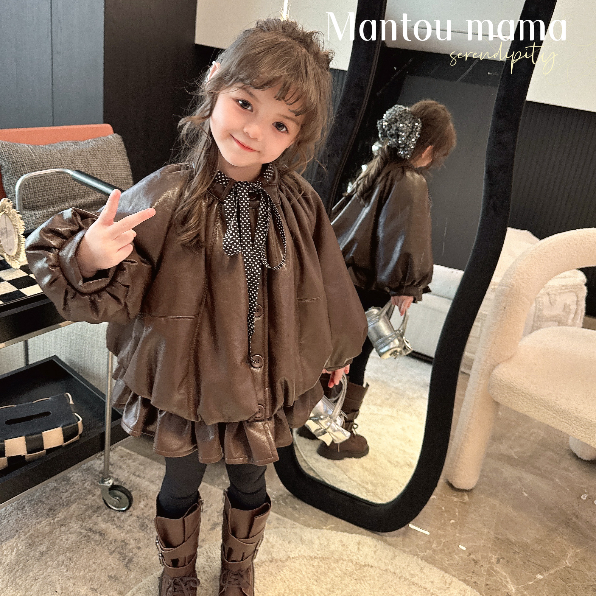 【馒头家】K【新款】气质斗篷皮衣外套女童冬季设计感百搭韩版