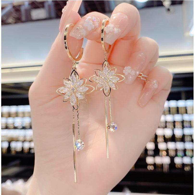 铜合金锆石耳饰 韩式气质锆石花朵长款流苏耳环女