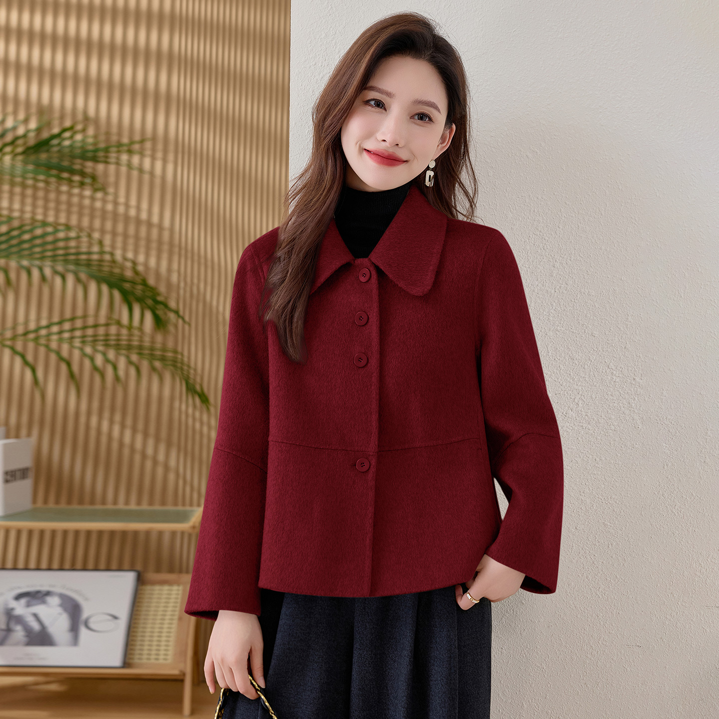 红色双面呢外套女2025秋冬新款小个子高级感气质宽松短款呢子大衣
