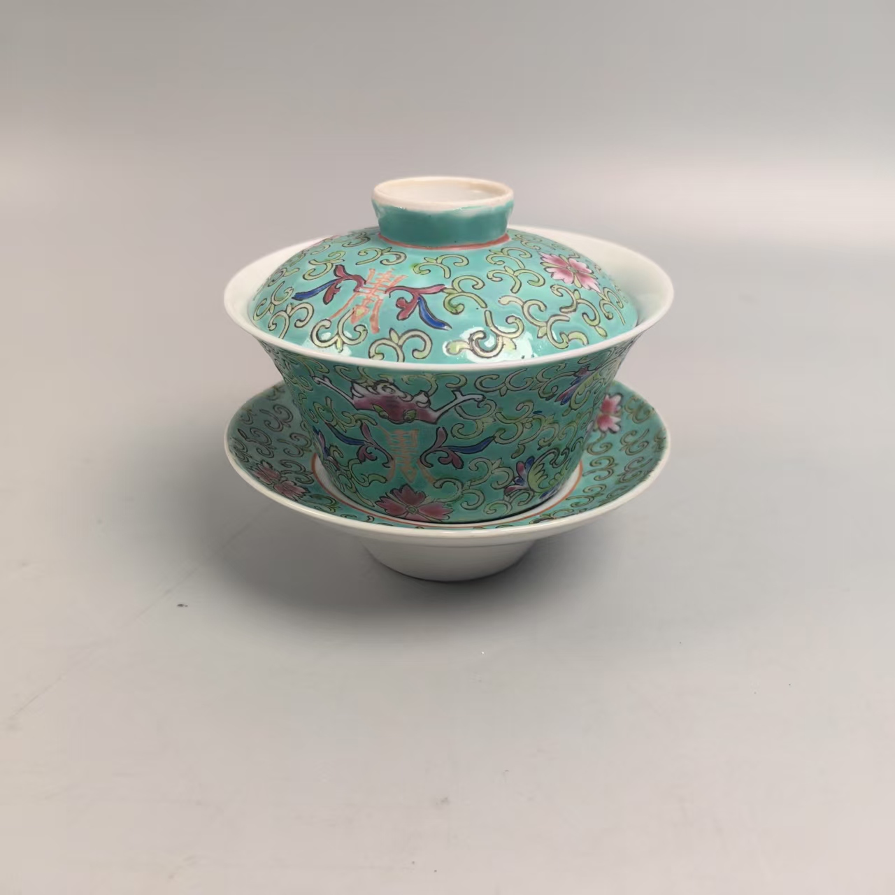 A0636民国粉彩缠枝花卉纹三才盖碗