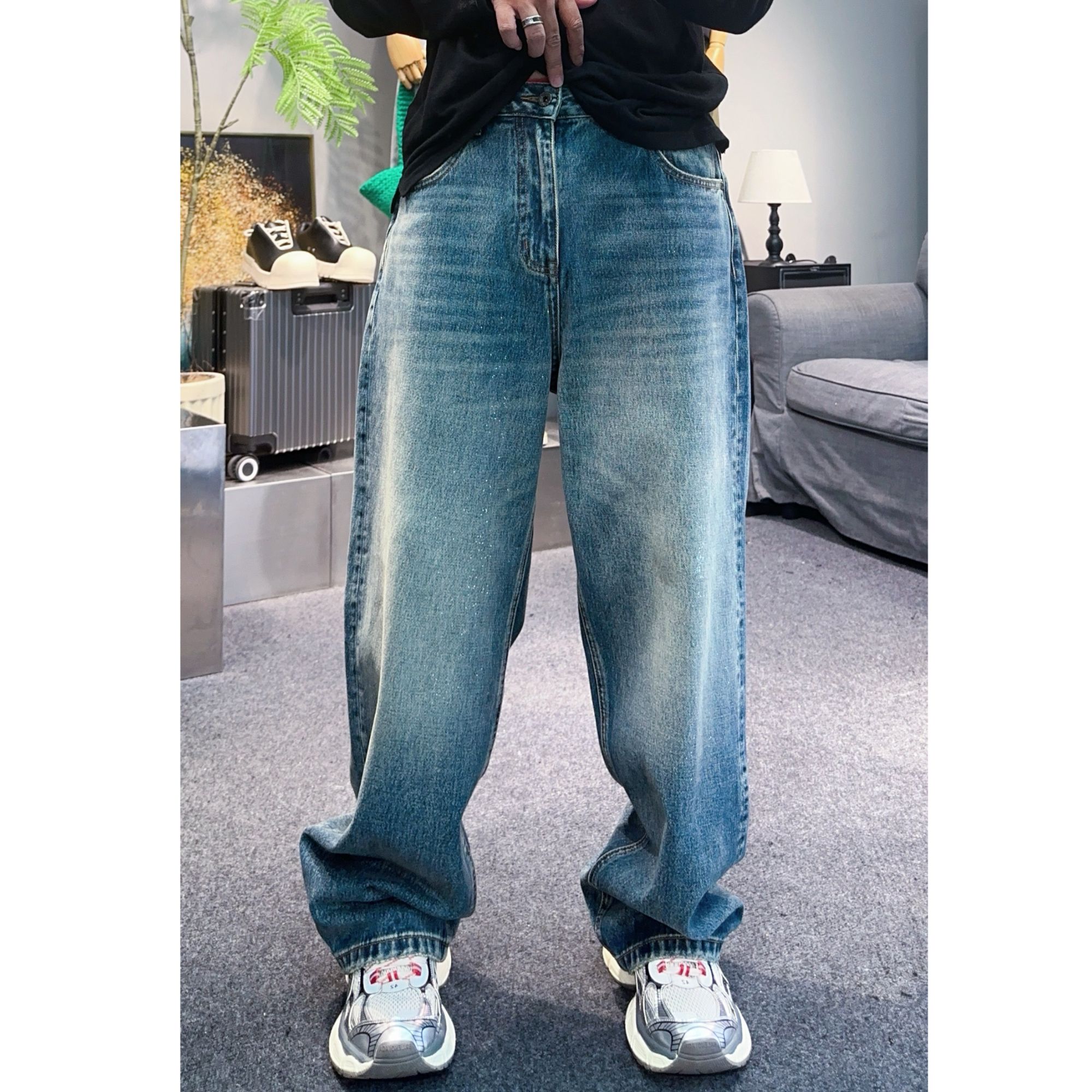 梁叔-秋冬新品重工水洗蓝色刷银工艺百搭潮男直筒牛仔裤J28682