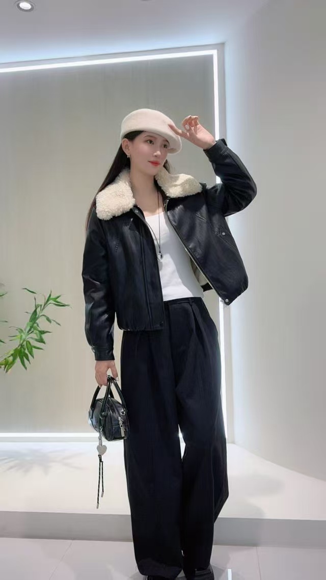 【自由秀】可拆卸毛领加绒皮衣5707