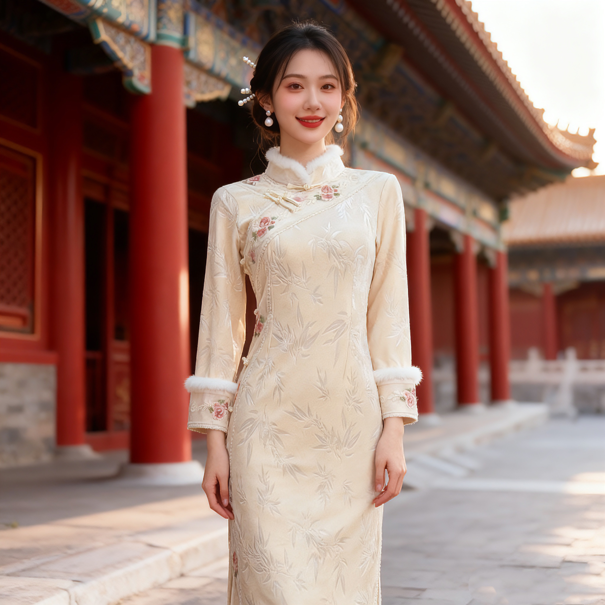 柜版❗️小白竹 韩绒压花 加绒 冬 年轻款改良旗袍120cm长款