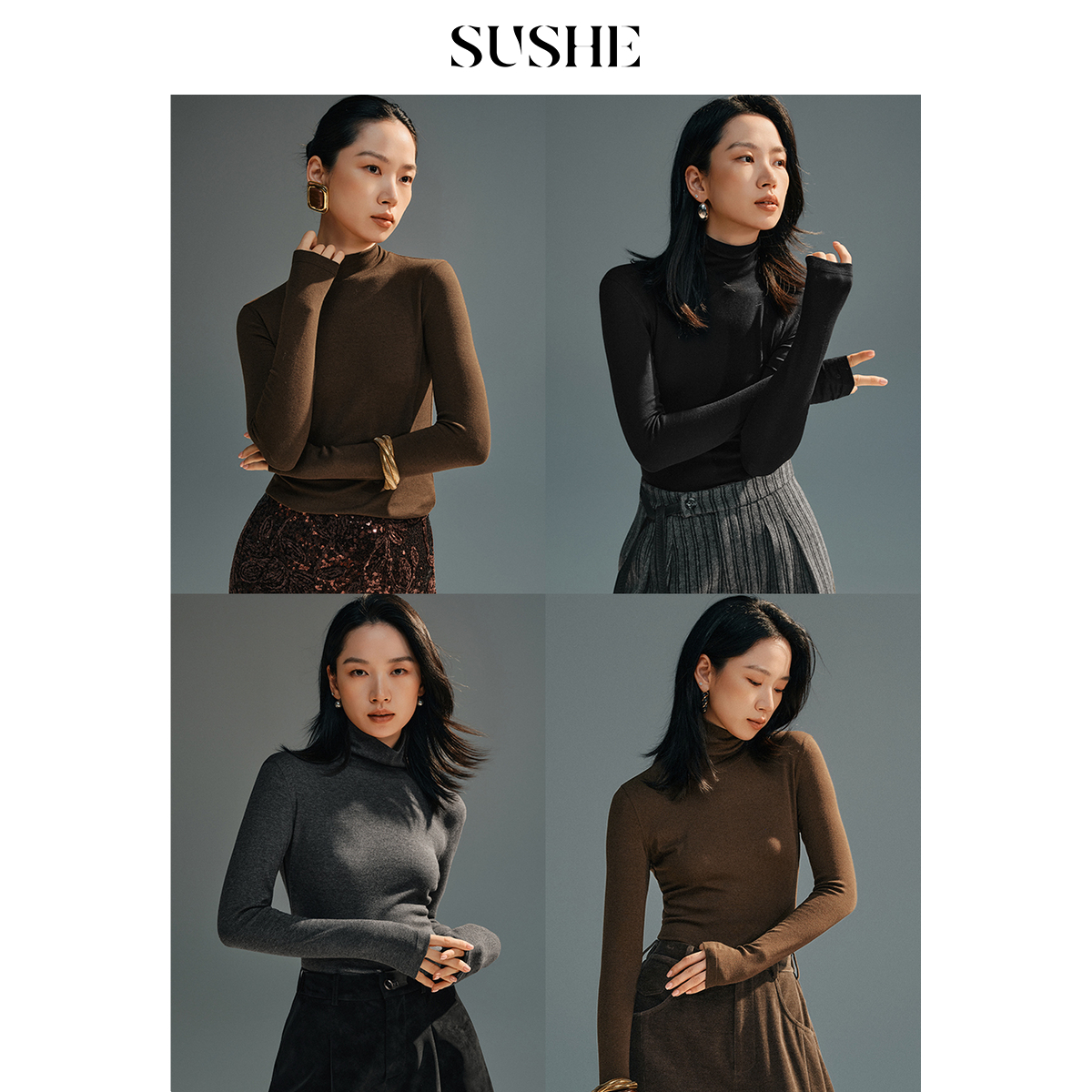 束皙SUSHE 季暖 基础款 定染弹力长绒棉修身保暖羊绒打底衫女秋冬