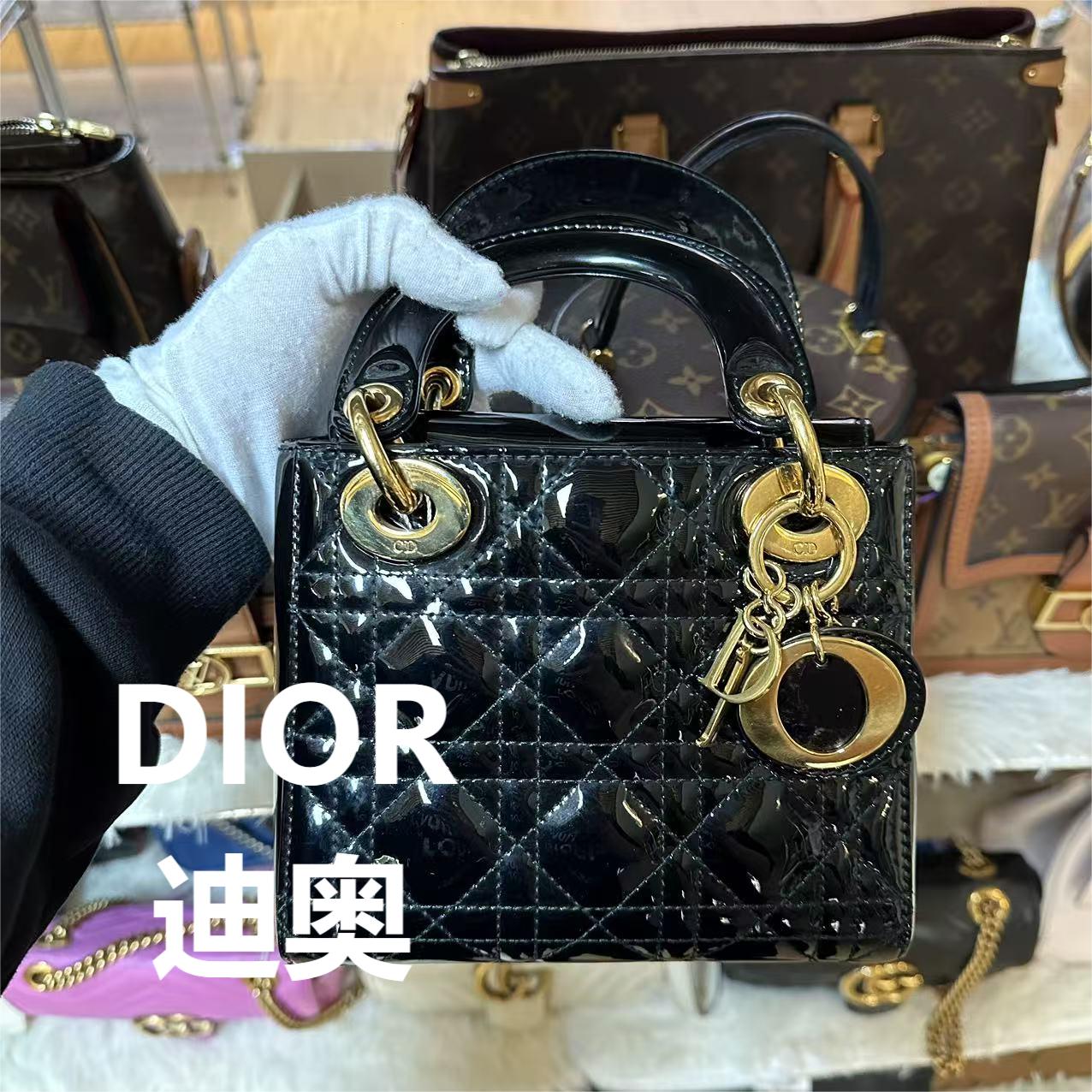 95新 DIOR/迪奥 黑色戴妃三格漆皮手提包/