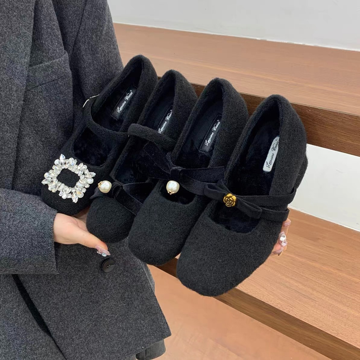 小香风内增高玛丽珍毛毛鞋女2025年新款呢子蝴蝶结加绒保暖棉单鞋