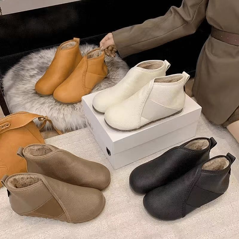 2025新款加厚雪地靴软皮加毛一脚蹬软底厚底保暖百搭轻便女棉靴