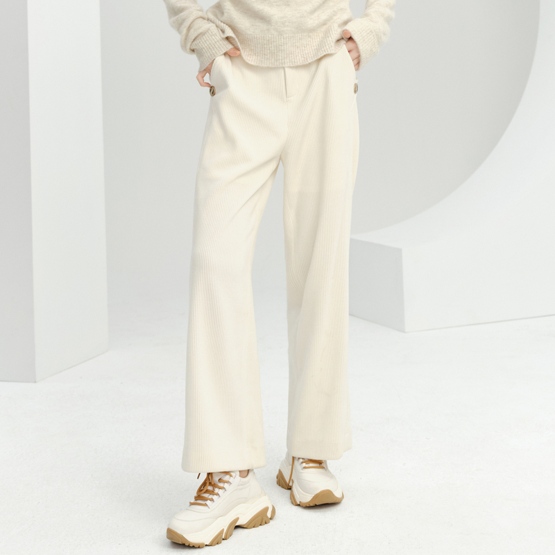 XG雪歌米白色灯芯绒阔腿裤垂感显瘦显高秋冬新款宽松直筒休闲长裤