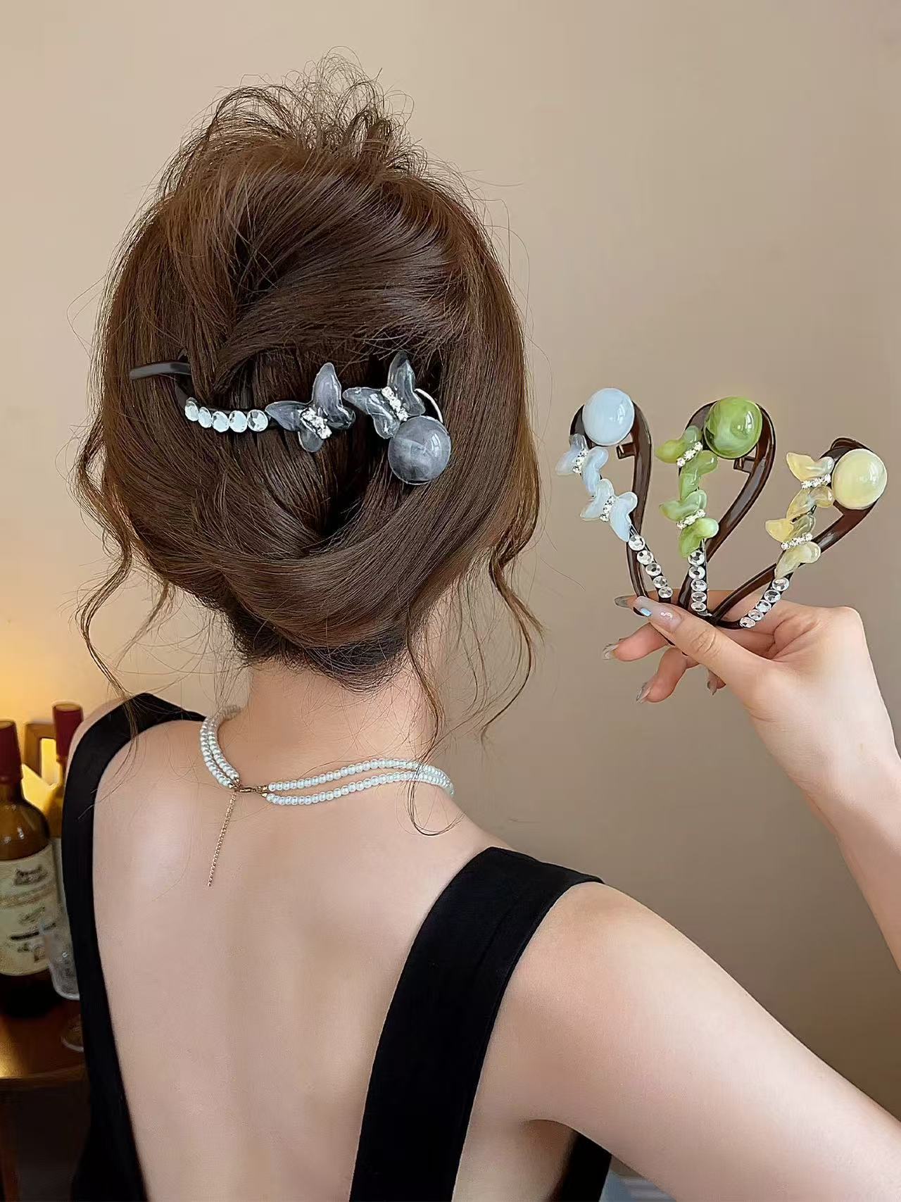 韩系蝴蝶结珠珠极简风顶夹气质女休闲风发夹一字夹优雅气质扭扭夹