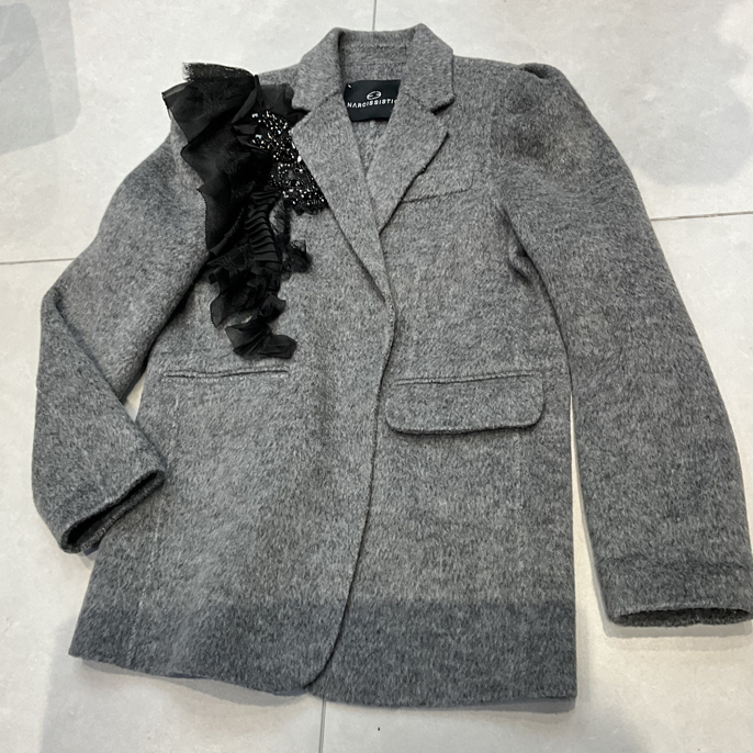 秋冬新款时尚立体钉钻花朵飞边毛呢外套女宽松气质百搭大衣