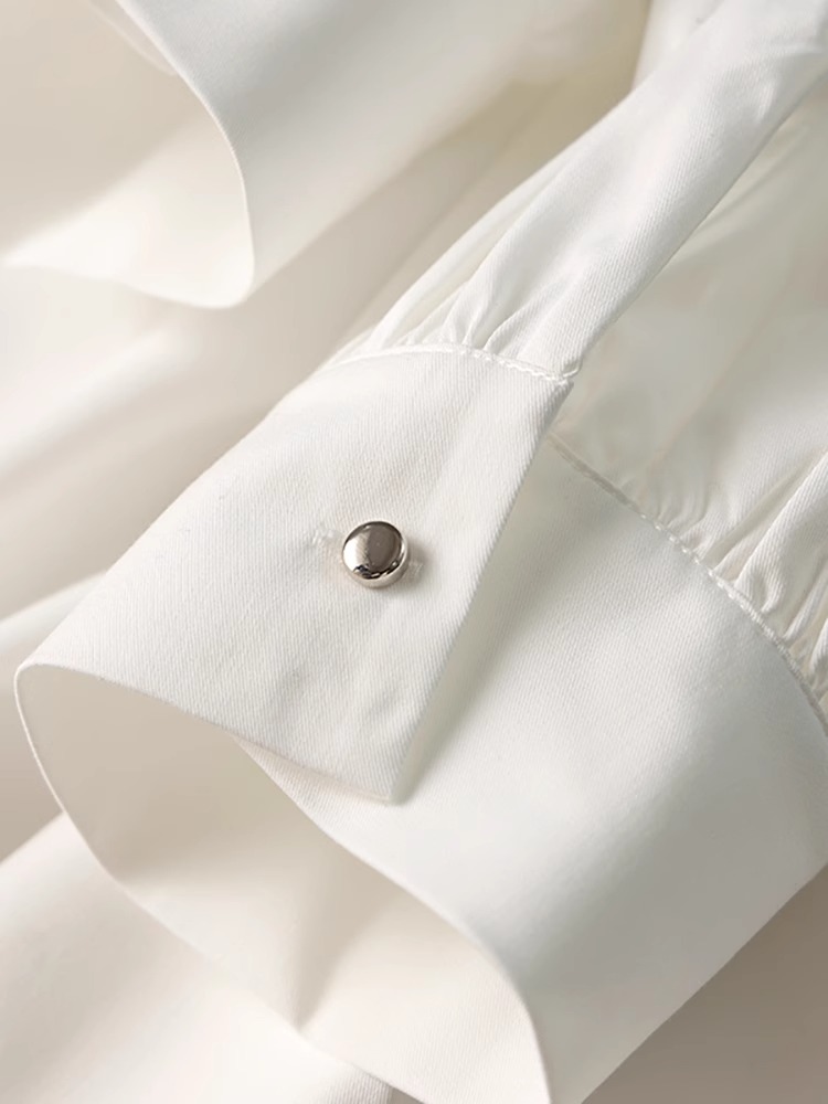 时尚纯色成人宽松型翻领法式缎面衬衫简约外套白色气质长袖306