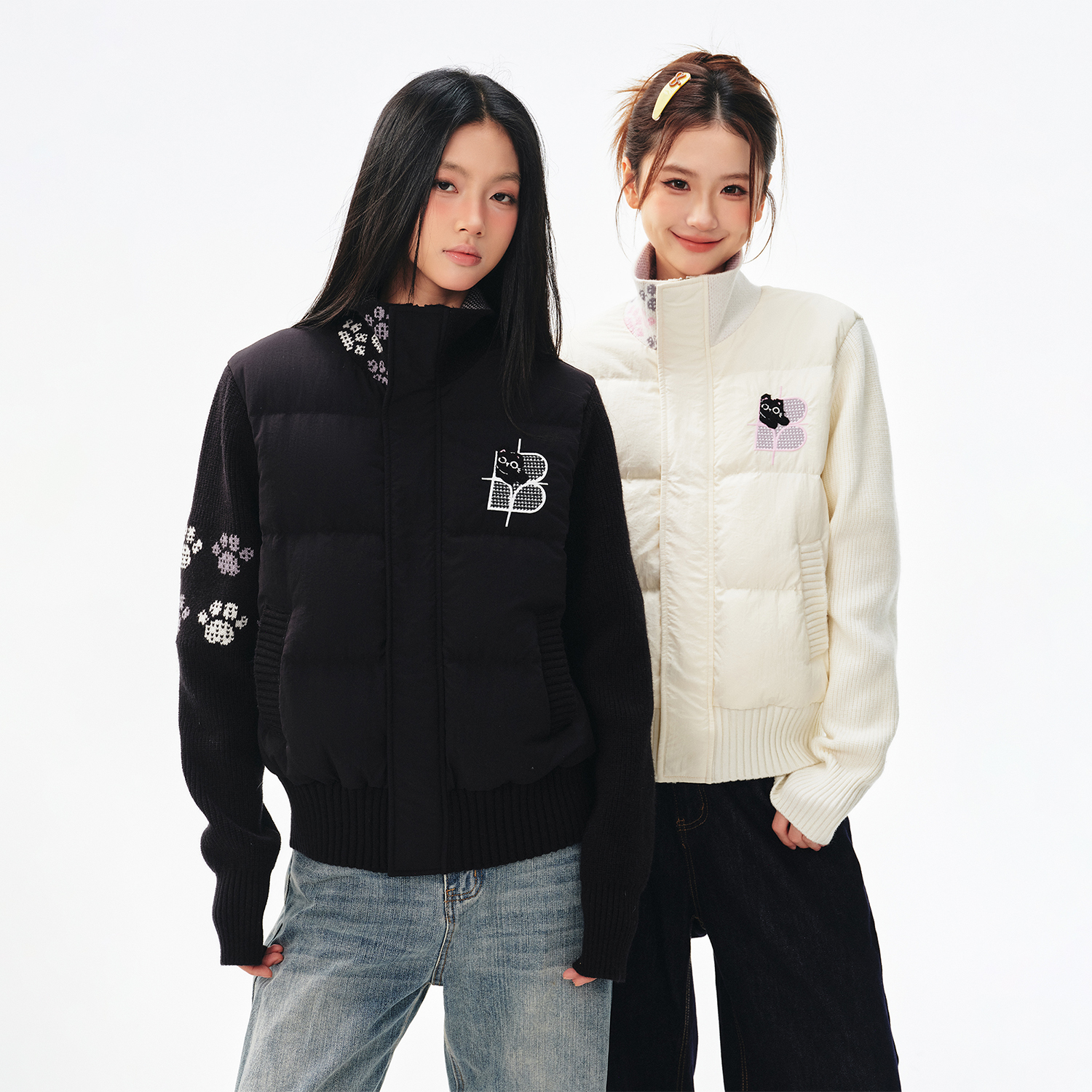 BIPOLAR【新国标90绒】黑猫提花毛织拼接百搭休闲冬季羽绒服 21L248