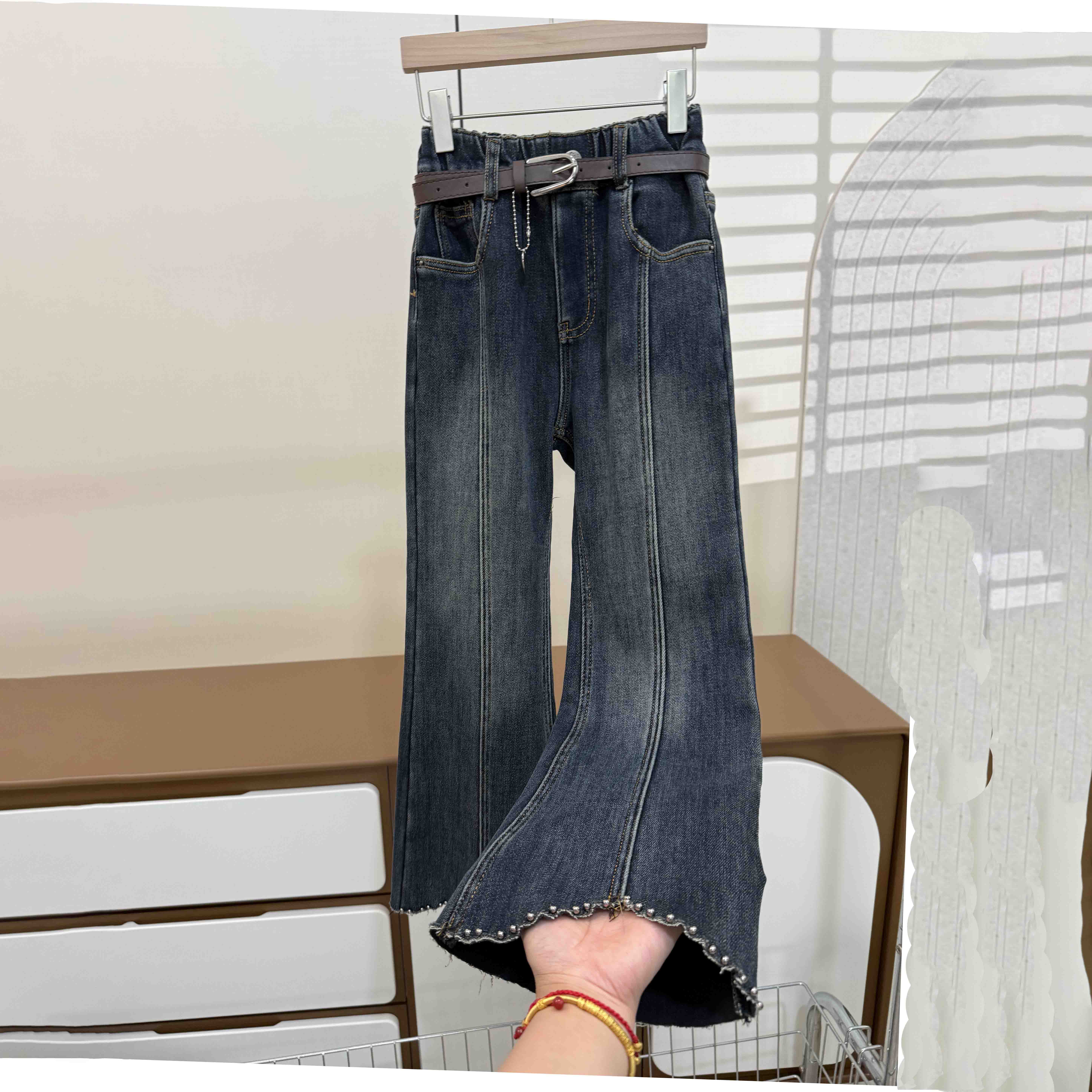 【有弹性，高品质】女童牛仔喇叭裤加绒秋冬款一体绒中大童宽松休闲