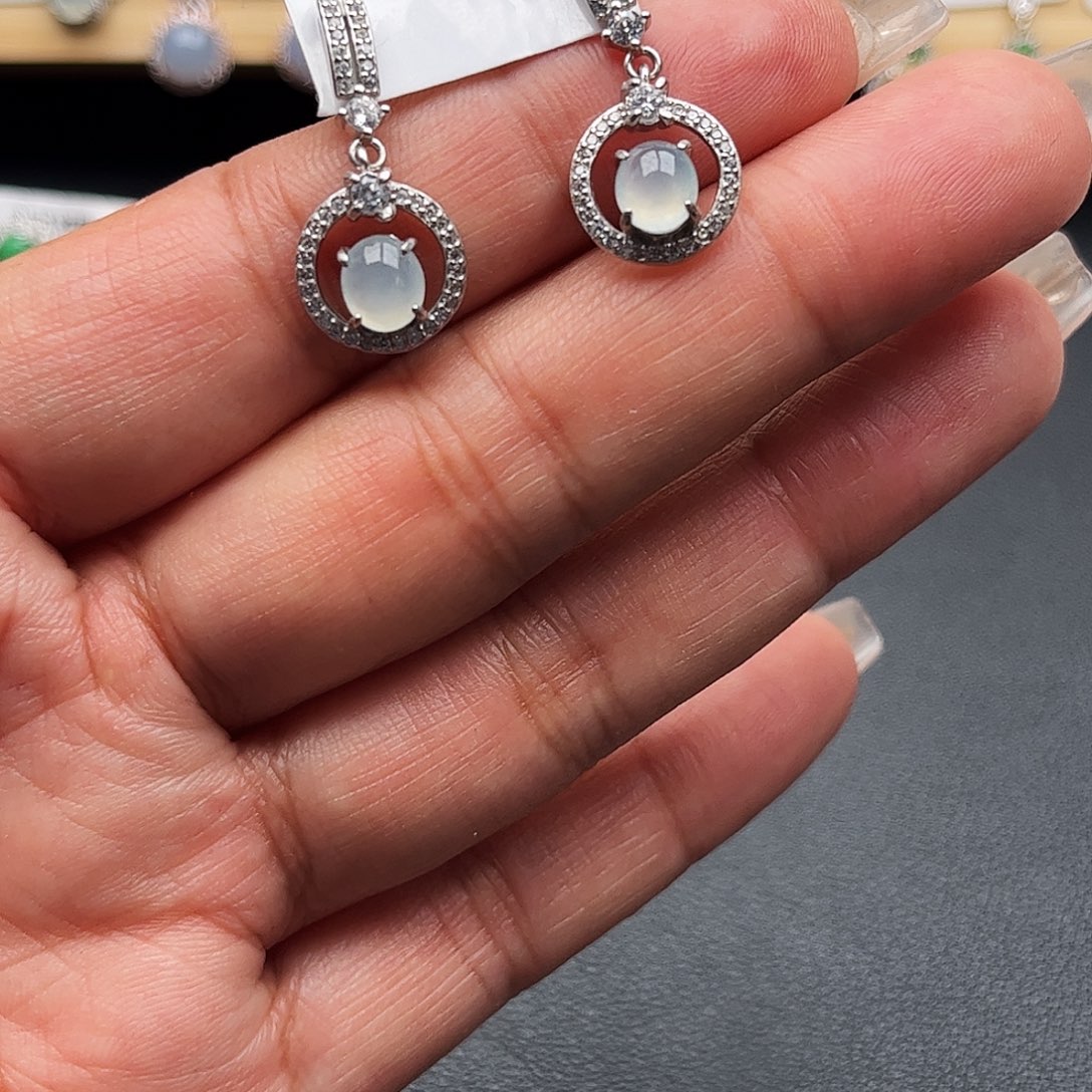 翡翠银S925镶嵌戒圈缅甸天然A货翡翠耳钉