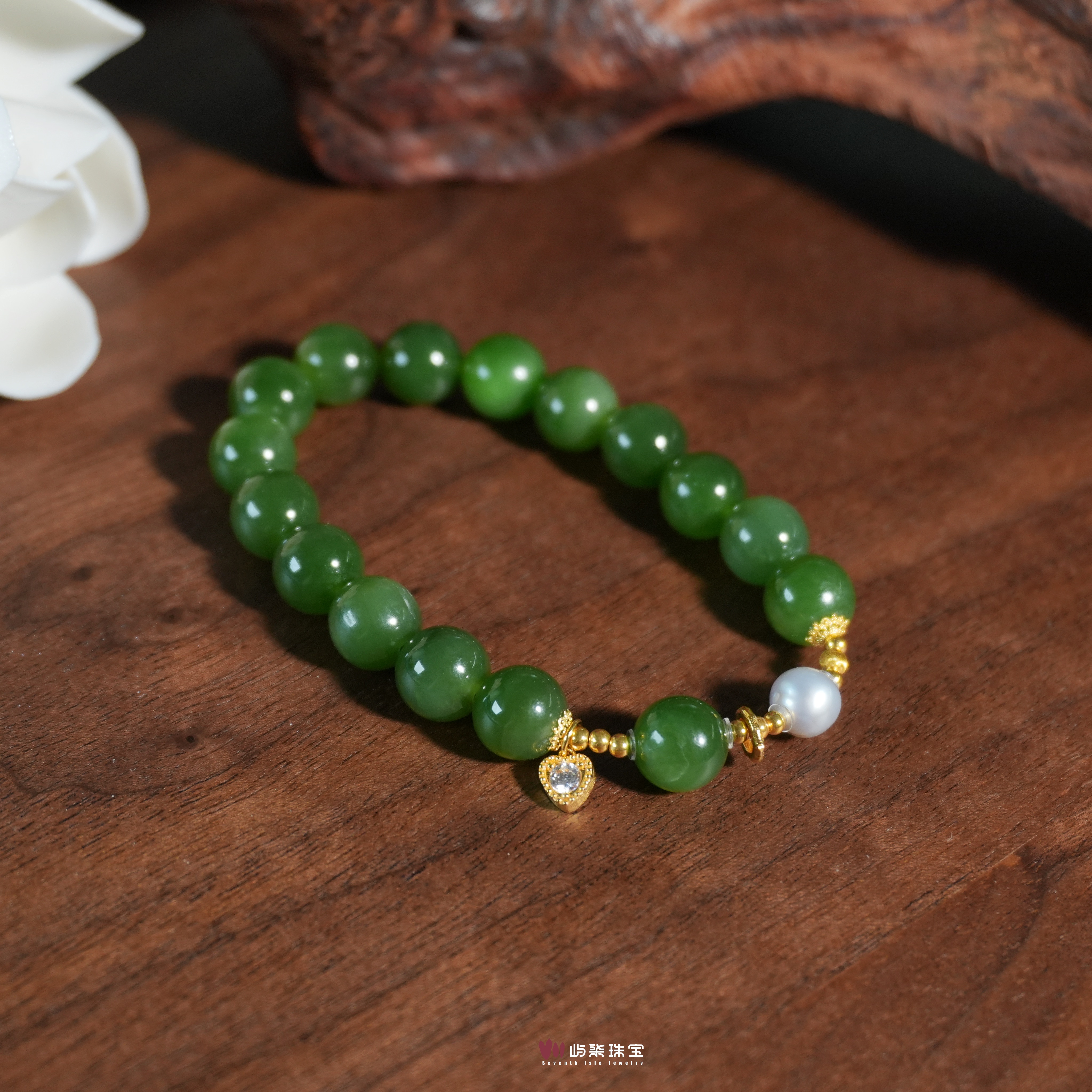 F747 |澜心| 和田玉18k金镶嵌 碧玉爱心提溜18k手串