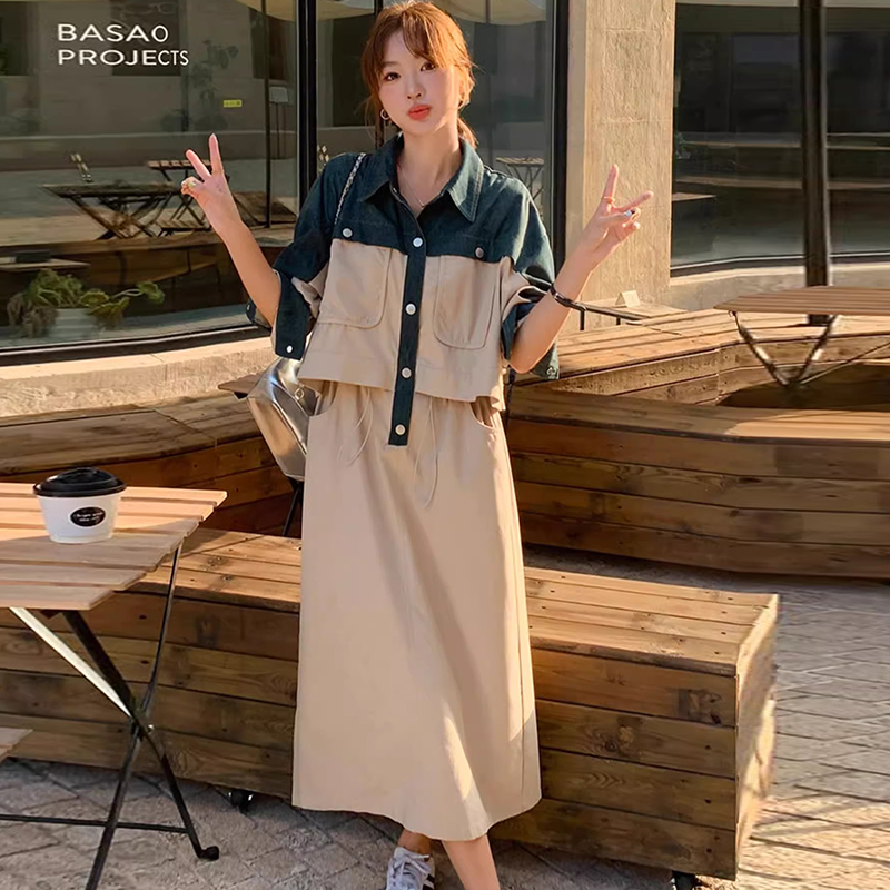 2.22早预告款春季新款牛仔拼接休闲气质翻领长袖连衣裙 NTS682174