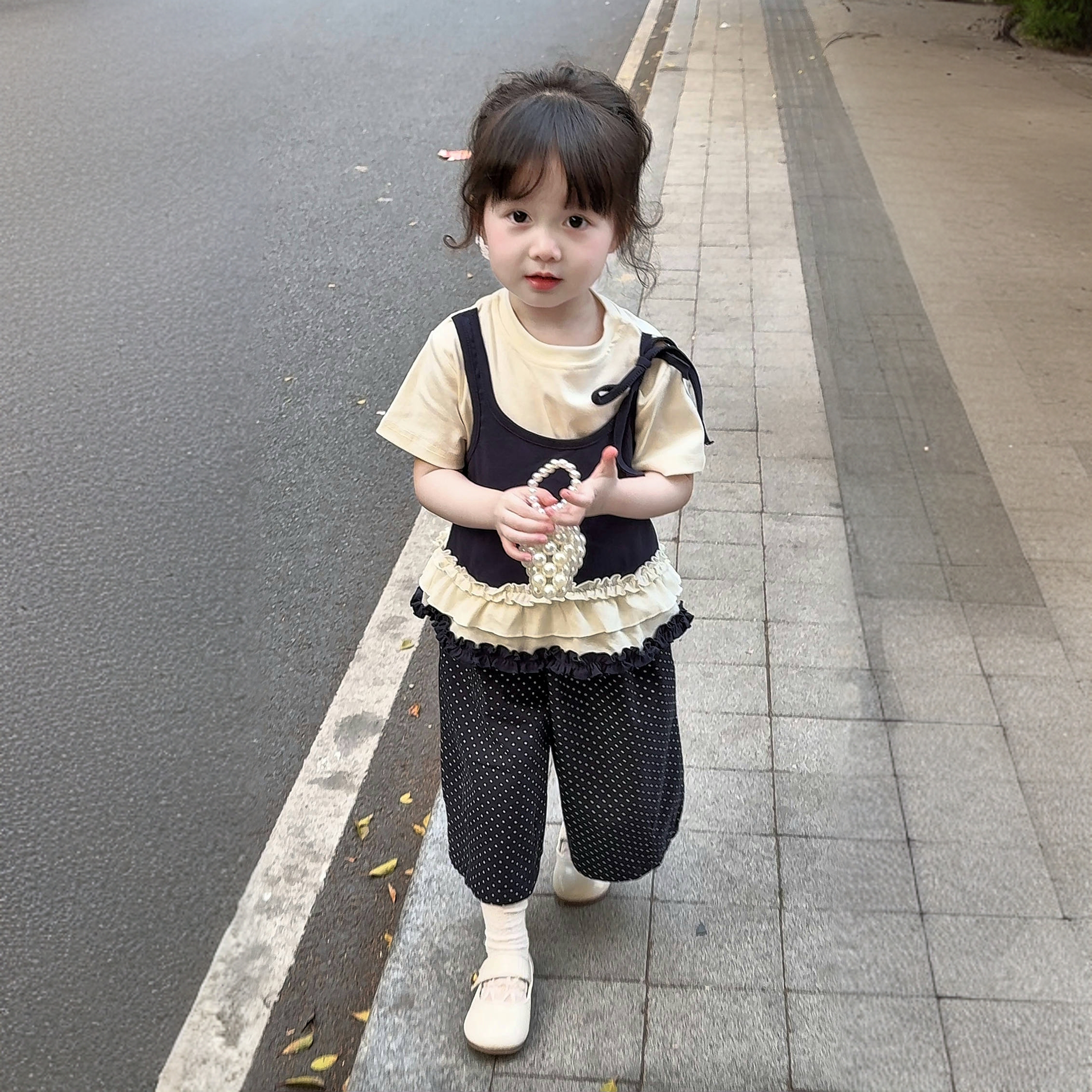 女童套装2025夏装新款韩版洋气假两件叠穿短袖T恤休闲裤子两件套