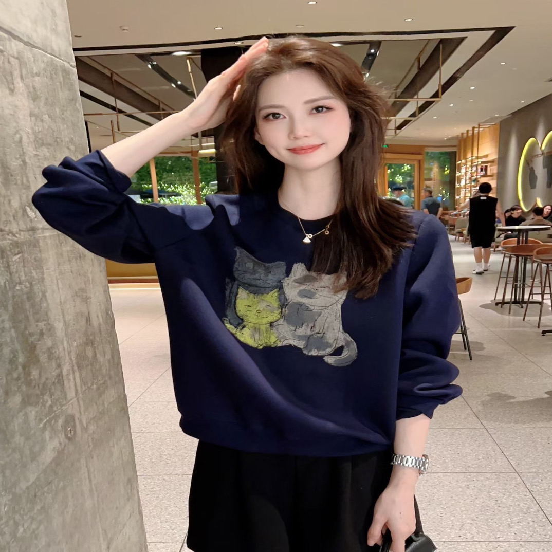 NFM女驸马秋冬新款圆领休闲猫咪卫衣7759