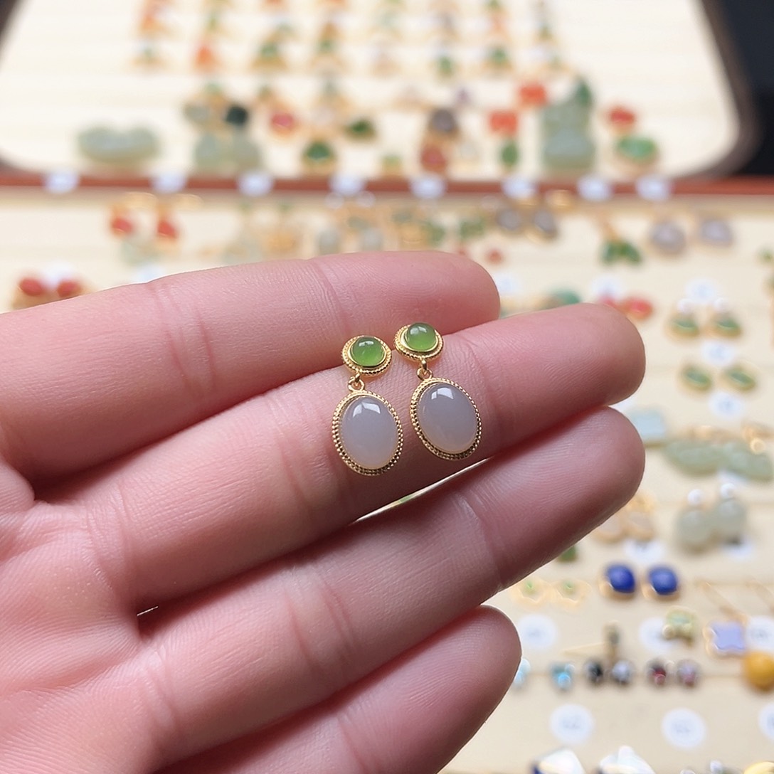 和田玉耳饰银S925镶嵌