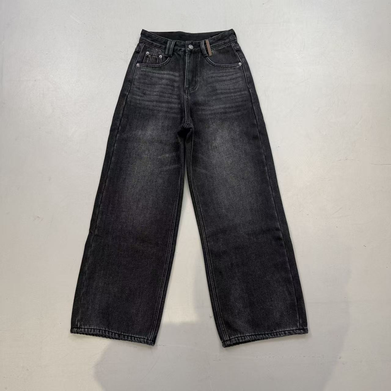 【TO&HR.GIRL】黑色加绒宽松显瘦直筒时髦阔腿百搭牛仔裤简约长裤女