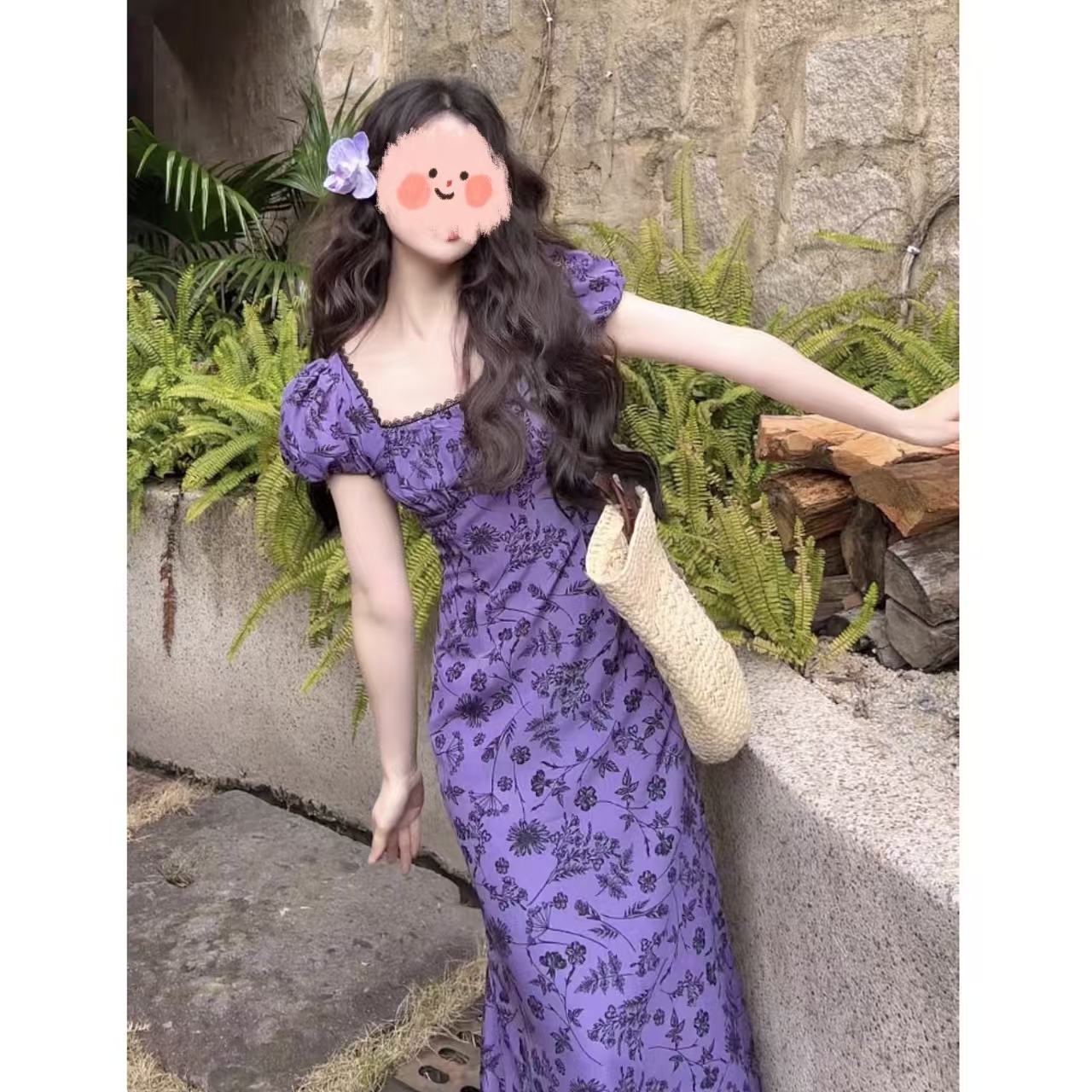 法式紫色方领碎花连衣裙子高级感气质收腰度假长裙ZWY015