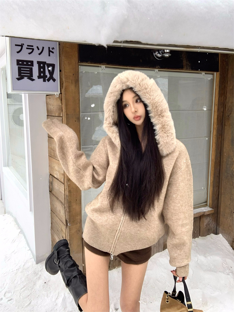 连帽毛领慵懒毛衣外套宽松针织开衫#8252