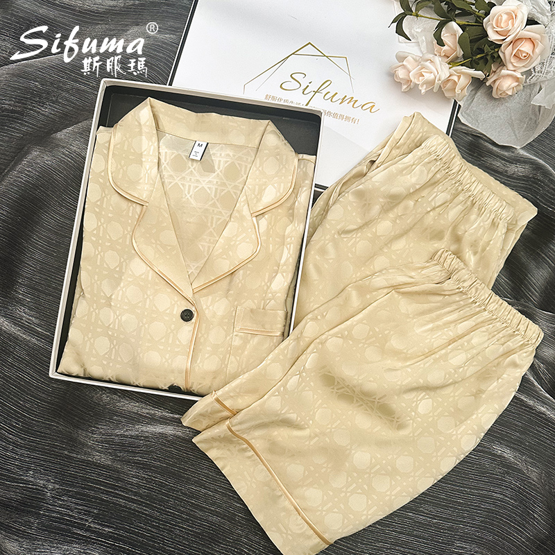 Sifuma/斯服玛《金玉锦绣》夏季丝质短袖短裤三件套装睡衣家居服女