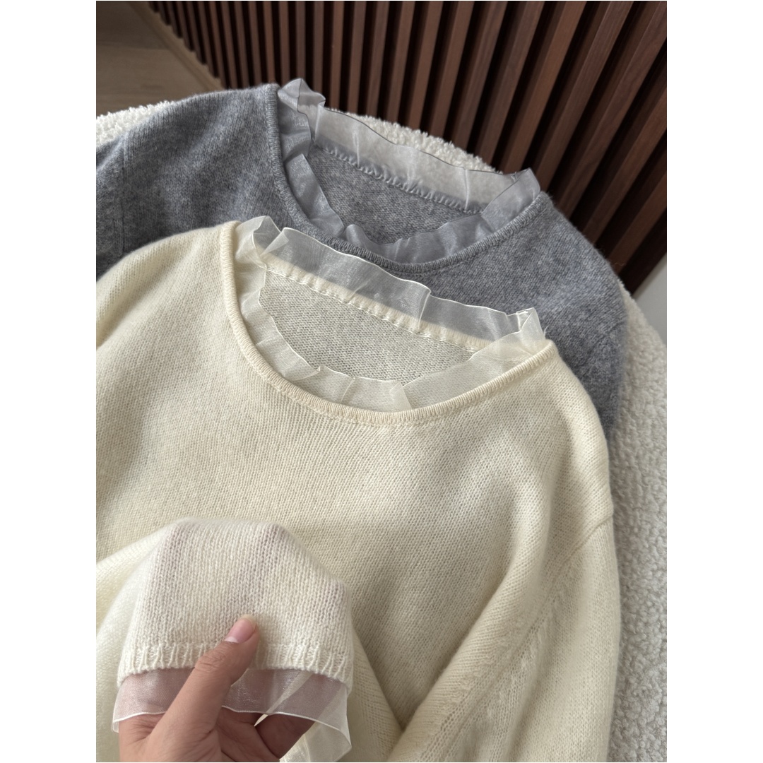 「月光」秋冬设计感欧根纱拼接圆领纯色羊毛针织衫Q0492