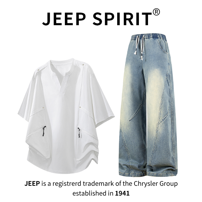 JEEPSPIRIT吉普工装V领短袖T恤牛仔长裤套装男夏季宽松大码两件套