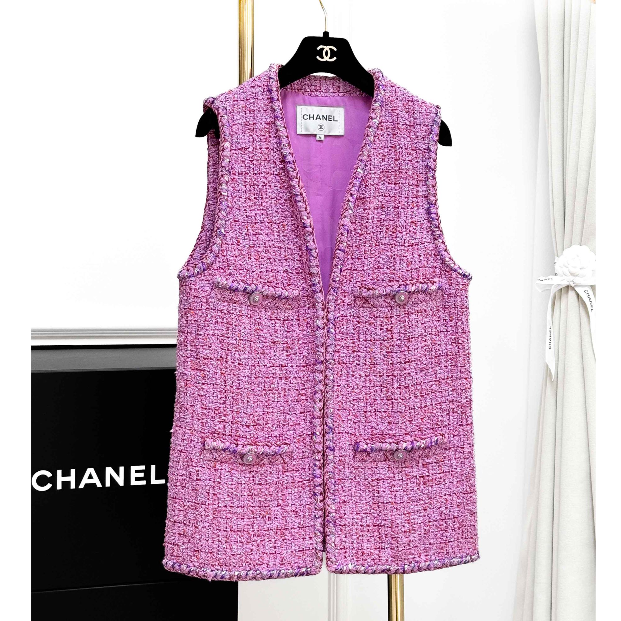 99新 Chanel/香奈儿 36码 粉色混色 编织边 狮子扣 四口袋马甲