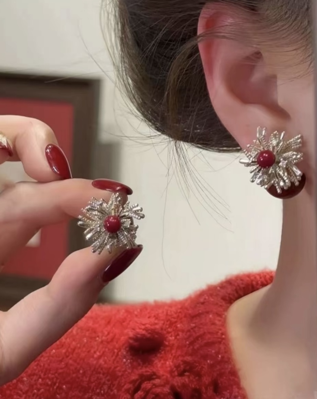 【安可拉珠珠耳钉】安可拉红花朵珠珠耳钉轻奢高级感