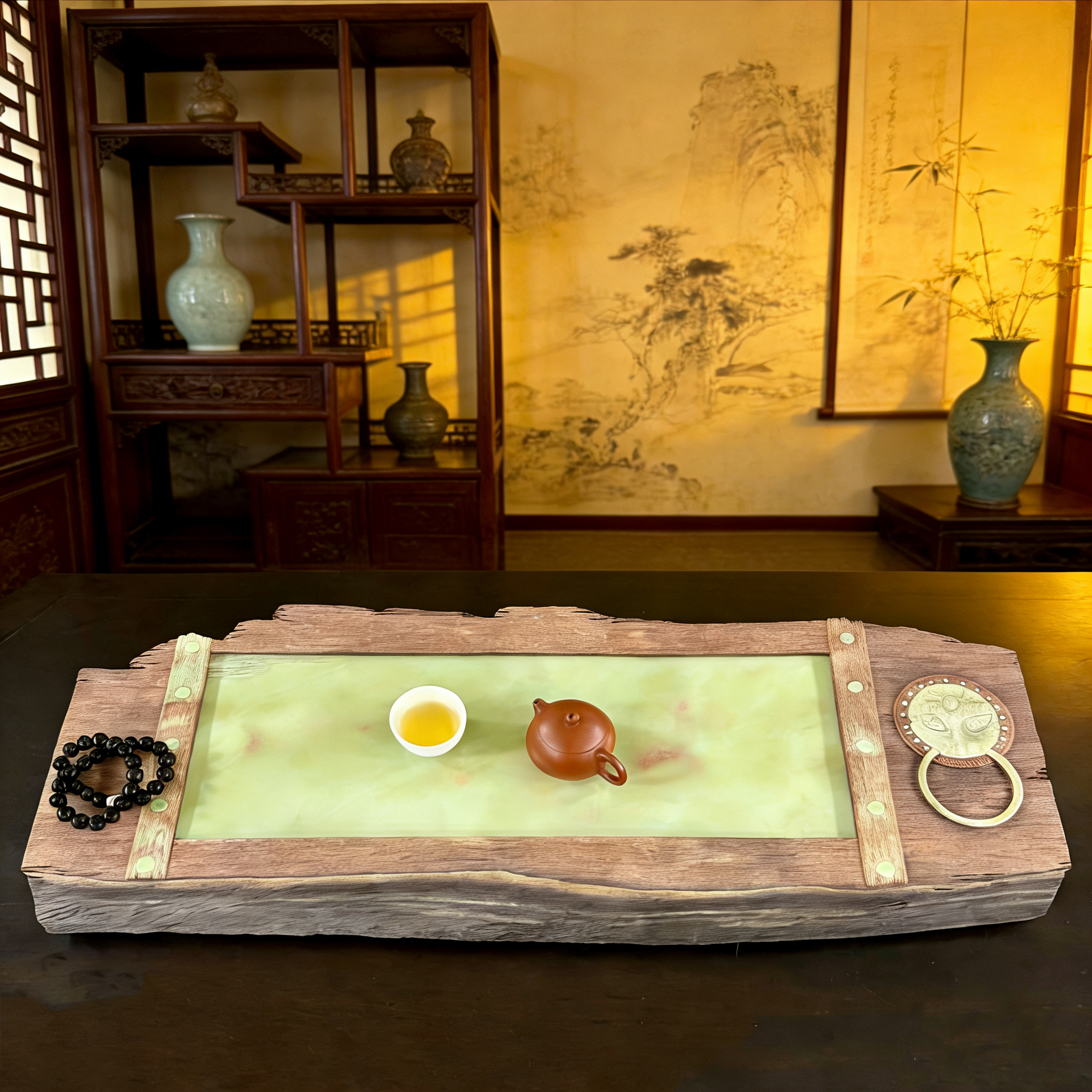 紫袍玉带石纯手工雕刻家用办公室功夫泡茶器具复古茶盘精美茶道