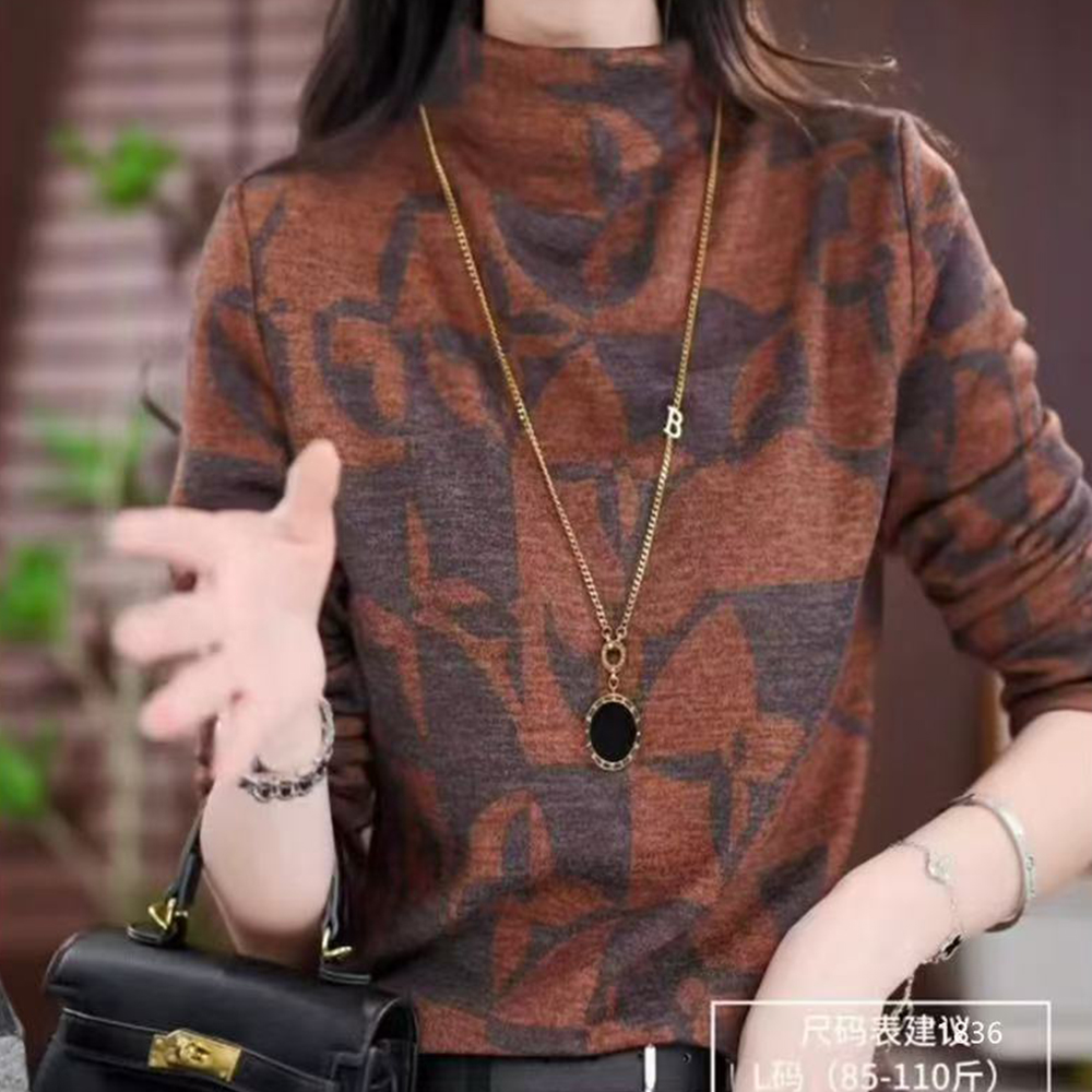 高领印花长袖洋气遮肚减龄气质保暖衫中老年妈妈上衣新款2025简约