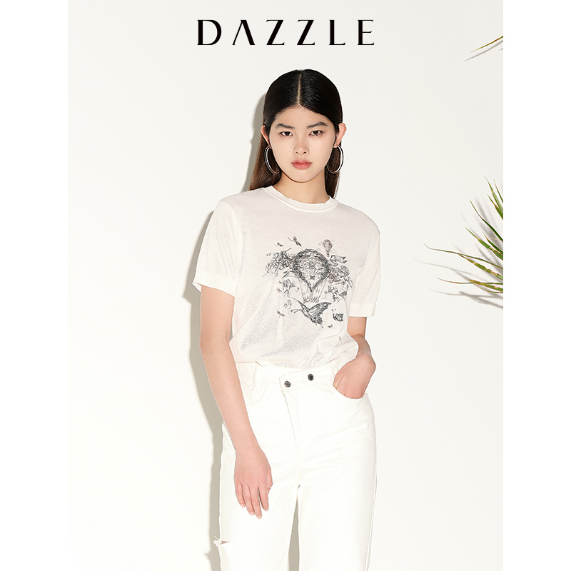 DAZZLE地素夏女款梦幻天使印花短袖针织衫2E2E343
