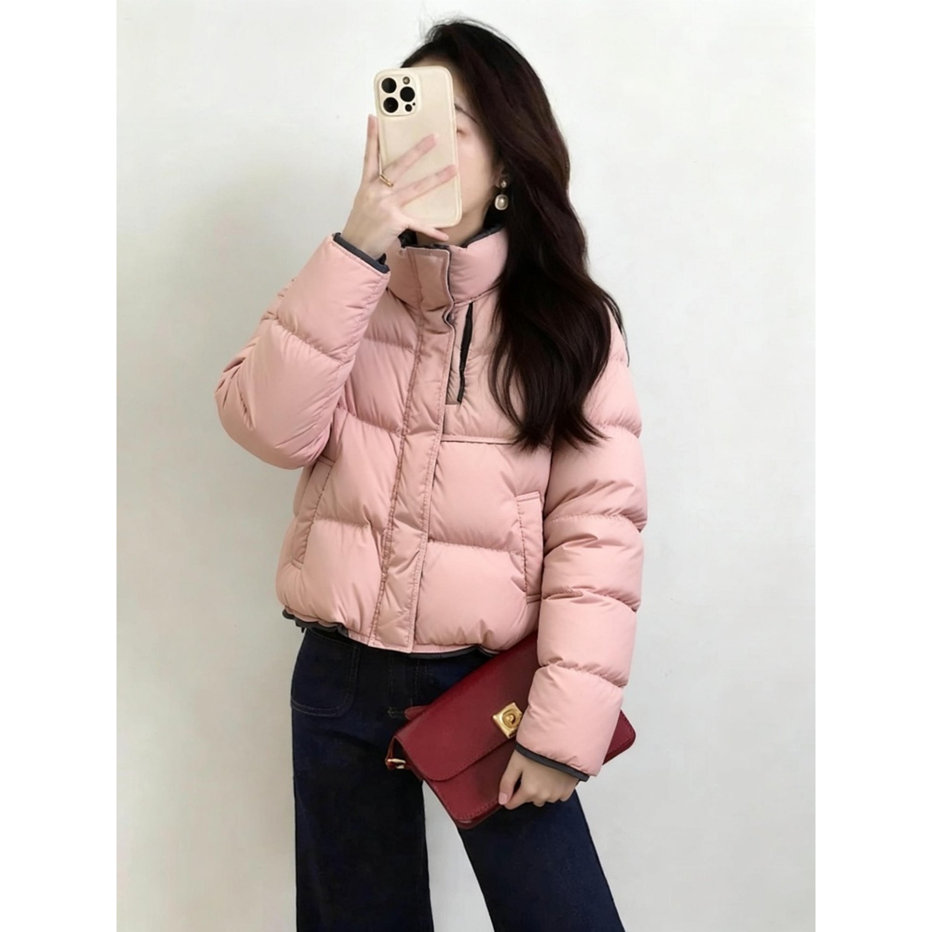 粉色撞色轻薄立领羽绒服女款冬季韩版宽松超好看通勤百搭短款外套