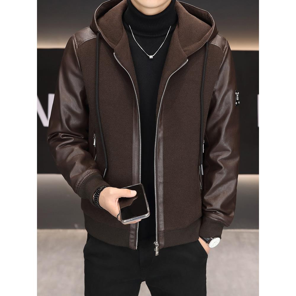 高级感拼皮羽绒服男款冬季2025新款潮牌青年休闲加厚保暖连帽外套