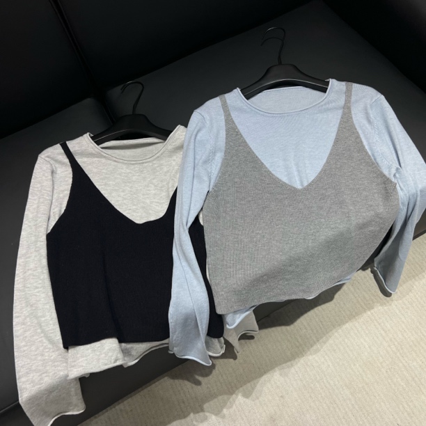 KW【原宿风】南油设计师款法式圆领假两件针织衫上衣