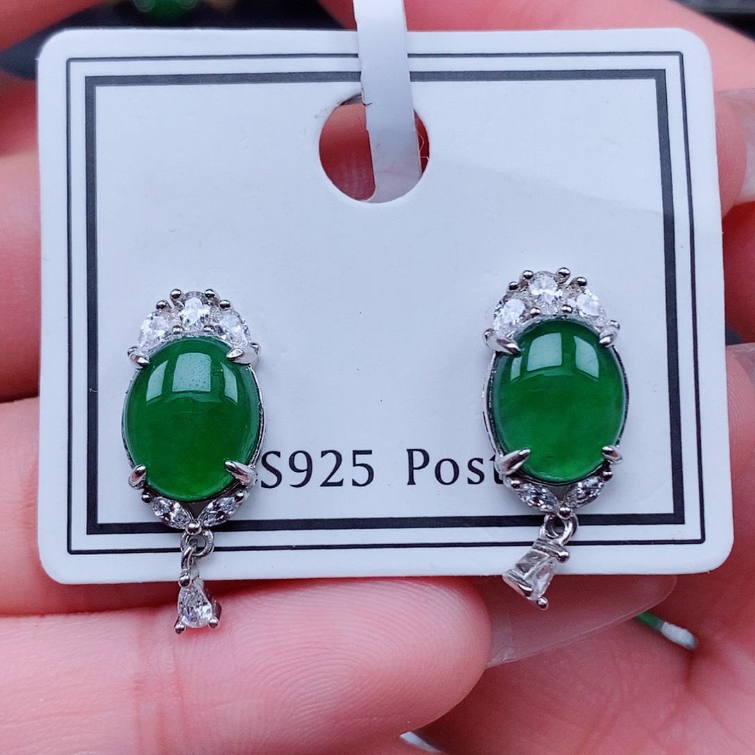 翡翠戒指银S925镶嵌耳钉