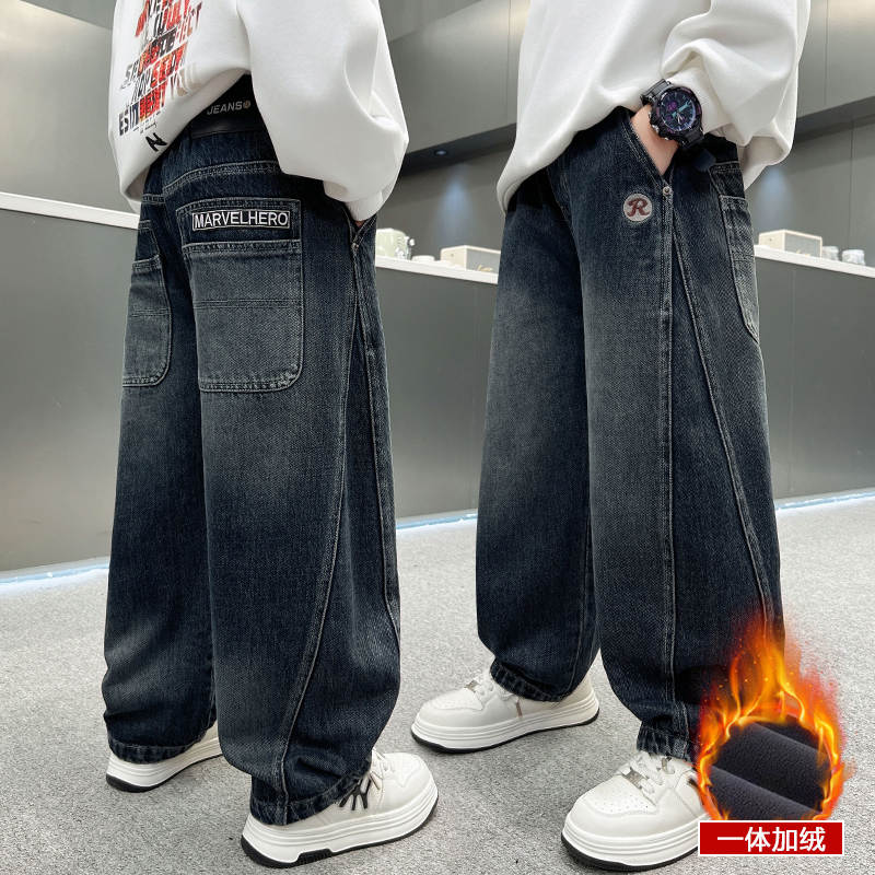 男童加绒裤子秋冬青少年2025新款儿童冬季中大童男孩一体绒牛仔裤