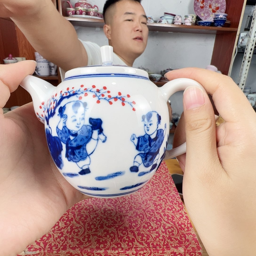 瓷片景德镇陶瓷红嘻嘻童趣大号茶壶一只