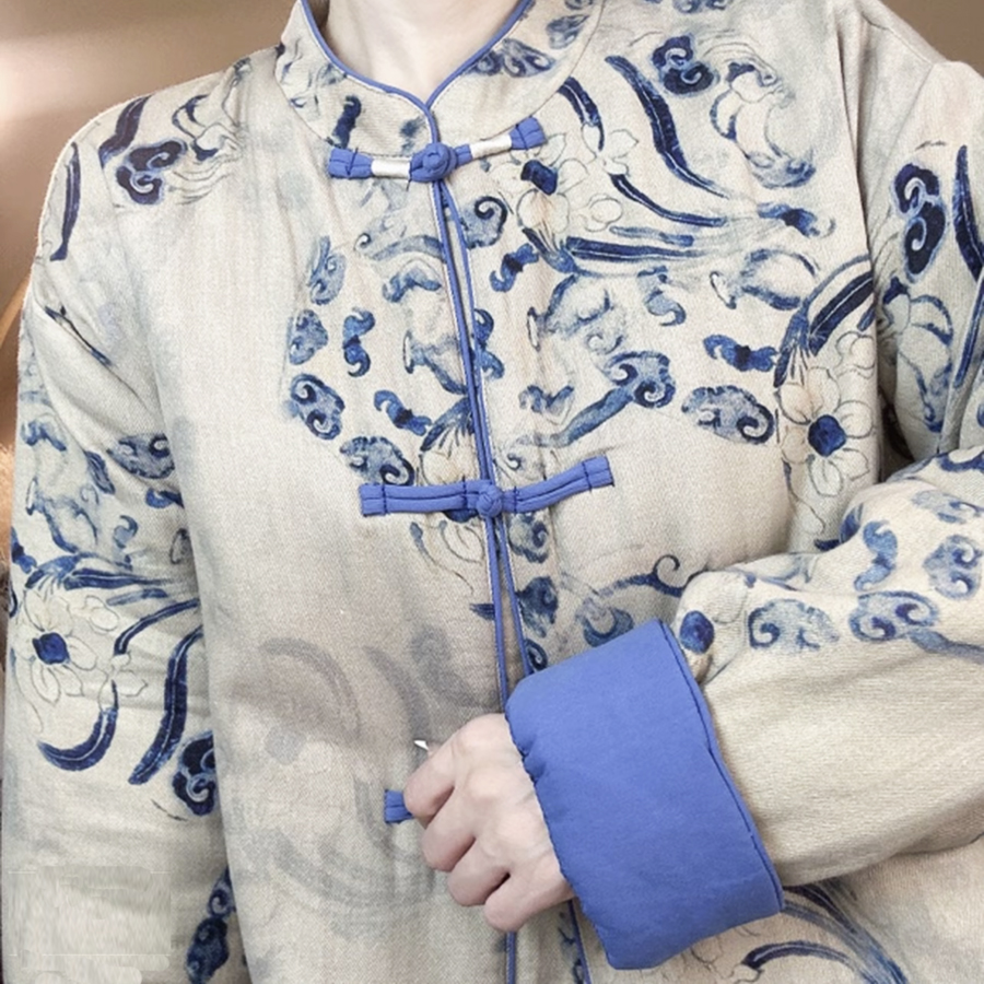 【知意】新中式复古中长款提花保暖圆领女棉服棉衣加厚棉袄外套