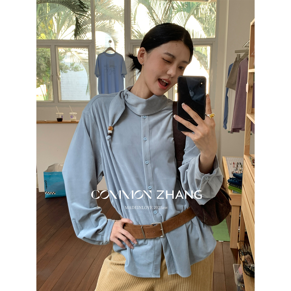 CZ ZHANG秋灯芯绒围巾领褶皱衬衫女温柔风宽松休闲百搭上衣B43033