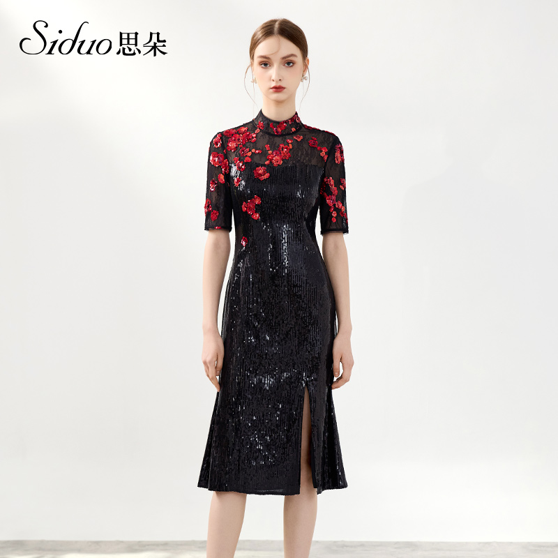 S25019优雅礼服裙女气质时尚夏季复古刺绣亮片拼接黑色晚宴连衣裙